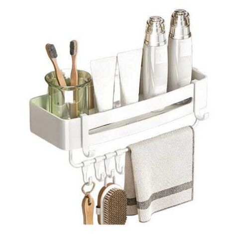 Mensola da bagno con portasciugamani, 33×15×6 cm, mensola rettangolare, senza fori, con ganci - Bianco