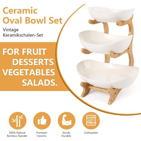 Alzata per frutta a 3 livelli, cesto di frutta in ceramica con robusta base in legno, vassoi per torte, frutta, dessert, decorazione per fruttiera (1/4)