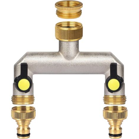 Ottone a 2 vie con adattatore da 1/2 pollice, distributore di valvole a 2 vie con valvole a sfera separate, adattatore per tubo di irrigazione da 3/4 pollici (26,5 mm) per regolare e arrestare il flus (1/5)