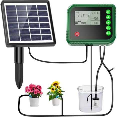 Kit di irrigazione solare automatica a goccia con timer e sensore dell'acqua per 15 piante in vaso, sistema di irrigazione automatico, set di irrigazione automatica per giardino