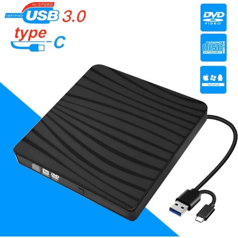 Unità ottica portatile esterna USB C/USB 3.0 a doppia porta CD DVD ROM, masterizzatore CD DVD +/-RW per PC, laptop (1/4)