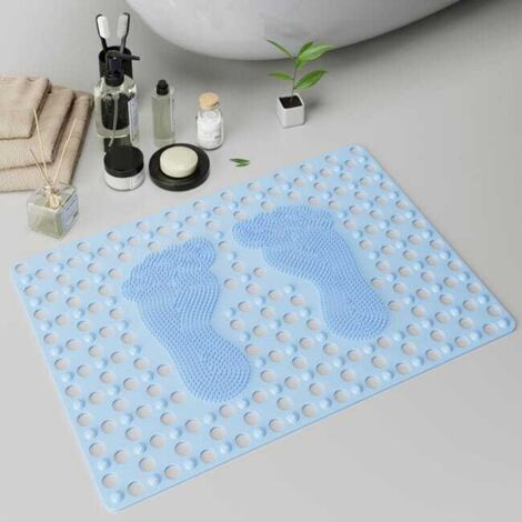 Tappetino da bagno antiscivolo con ventose in silicone TPE azzurro - Inodore, garantisce sicurezza e comfort (piede grande；70x50cm)