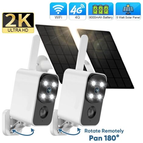 Set di 2 telecamere solari da esterno: 4G, Wi-Fi 2K, panoramica 180°, rotazione, rilevamento del movimento, PIR, audio bidirezionale, batteria da 9000 mAh (WiFi Cam No Card)