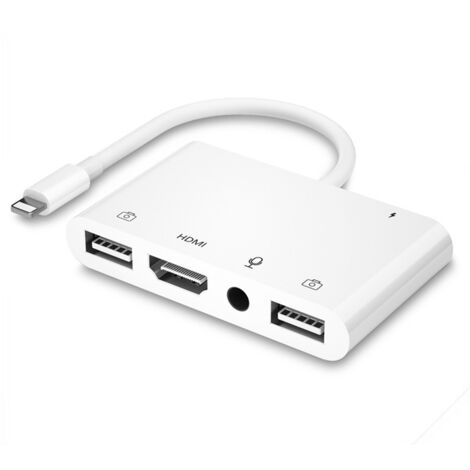 Adaptateur HDMI OTG pour iPhone, HDMI + Double USB Femelle OTG + Adaptateur Répartiteur de Casque 3,5 mm avec Port Charge Compatible avec iPhone