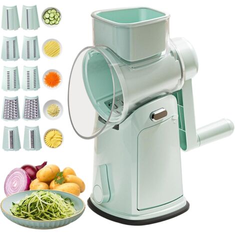 Grattugia rotante 5 in 1, affettaverdure, funzionamento a manovella con base a ventosa, mandolina sicura a 10 lame con paraspruzzi, utensile da cucina professionale