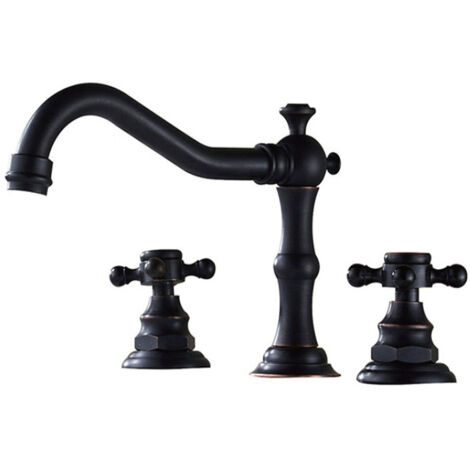 Rubinetto da bagno a 3 fori, rubinetto per lavabo da bagno in ottone antico nero opaco doppia maniglia, rubinetto da bagno vintage (1/4)