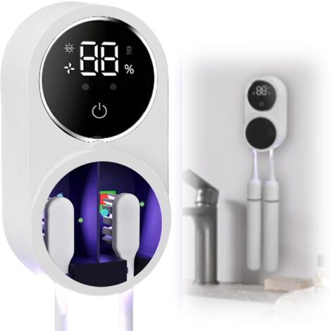 Sterilizzatore UV portaspazzolino con sensore automatico, display LED, disinfezione al 99,9% e asciugatura all'aria, ricaricabile a parete per 2 spazzolini da denti (1/5)
