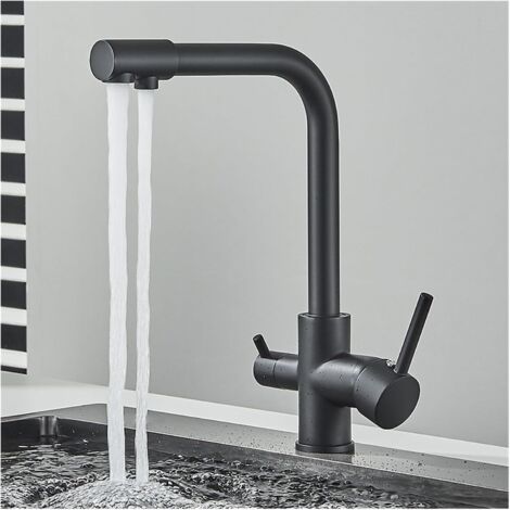 Rubinetto da cucina a 3 vie, rubinetto per acqua potabile a doppia vite, foro passante 3 in 1, agitatore rotante a 360° con 2 uscite, acciaio inossidabile SUS304, nero opaco