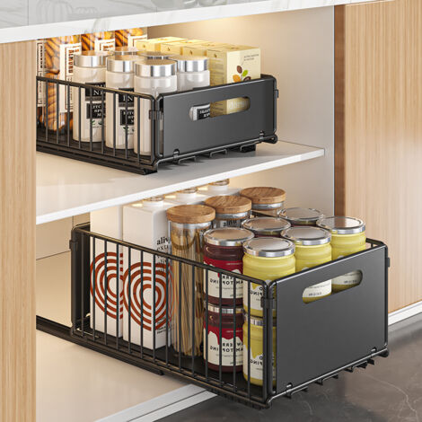 Set di 2 organizzatori per cassetti da cucina, cassetti scorrevoli per armadietti da cucina (Nero, 37.5Dx24.5Wx19H CM/37.5Dx24.5Wx10H CM)