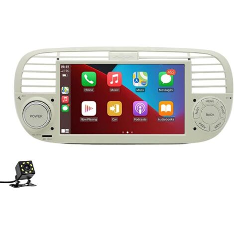 Wireless CarPlayer Android Auto Android Car Stereo 7 pollici 2 Din Touch Screen Autoradio Supporto Bluetooth/FM/WiFi/GPS/Mirror Link compatibile per Fiat 500+fotocamera 8LED (Bianco)