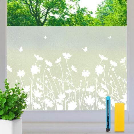 Pellicola per Vetri Privacy Pellicola per Vetri Oscurante 44,5x200 cm, Pellicola per Vetri Opaca Motivo Floreale Smerigliato Buona Privacy con Kit di Installazione Elettrostatica Anti Calore UV per Ba