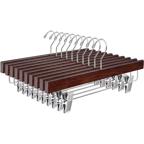 Confezione da 10 grucce per pantaloni in legno retrò (14 pollici), grucce per gonne in legno antico liscio con clip cromate antiscivolo regolabili, appendiabiti in legno massello marrone noce per bian (1/5)