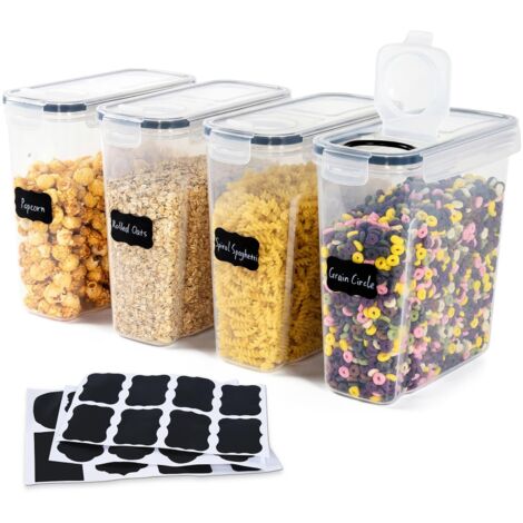Set di 4 scatole portaoggetti in plastica, barattoli per alimenti con chiusura ermetica da 4 l con coperchio, scatola per alimenti in plastica ermetica senza Bpa con etichetta per cereali, pasta, zucc