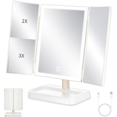 Specchio per trucco illuminato Tavolo da toeletta ingranditore 1X/2X/3X - Specchio da terra a LED - Luce illuminata - Ufficio cosmetico per il trucco