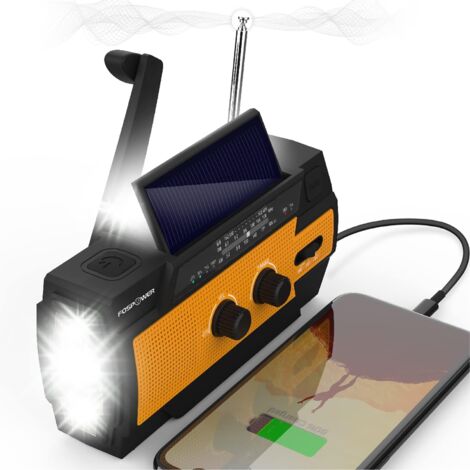 Radio meteorologica di emergenza 4000mAh (modello A3) Caricabatterie portatile alimentato a energia solare/manovella/batteria con AM/FM, torcia a LED, allarme SOS per escursioni e attività all'aperto (1/5)