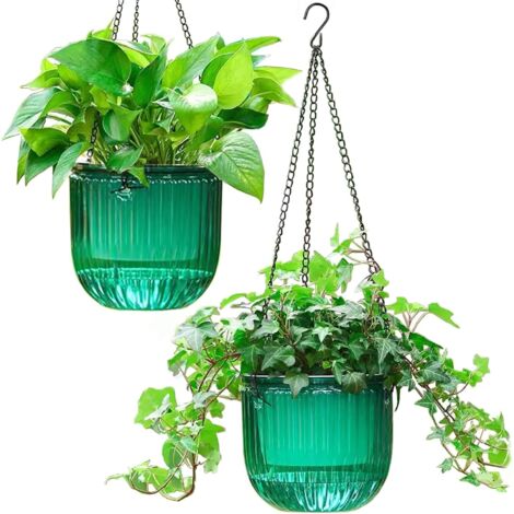 Paquete de 2 macetas de riego automático para interior y exterior, cesta colgante de 6,5 pulgadas con 3 ganchos y orificios de drenaje para jardín y hogar (esmeralda) (1/5)