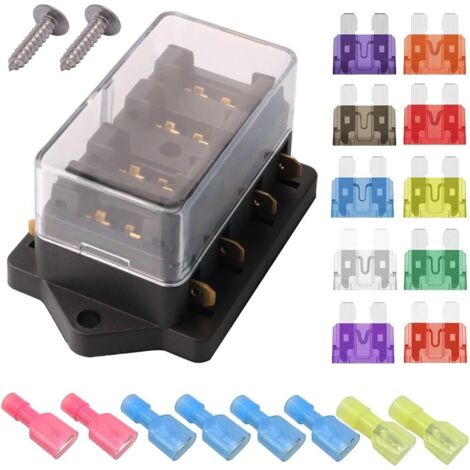 Portafusibles de 4 vías, caja de fusibles estándar para automóvil (para 140 AMP), con 10 fusibles gratuitos (3A/5A/7,5A/10A/15A/20A/25A/30A/35A/40A), portafusibles a prueba de agua