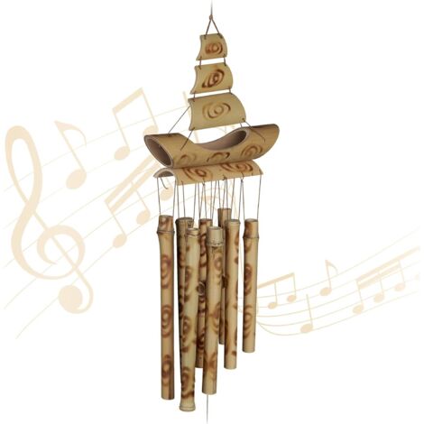 Campana de viento de bambú, que recuerda a veleros, alto x largo: 66 x 19 cm, para uso en interiores y exteriores, marrón (1/5)