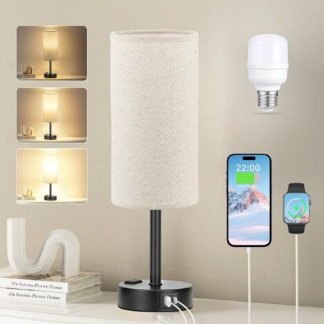 Lámpara de mesa táctil beige para dormitorio - Lámpara de noche regulable de 3 vías Puertos de carga USB C y toma de CA, lámpara pequeña con pantalla de tela Base negra para sala de estar, mesa de ofi