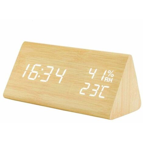 Reloj despertador de madera triangular YJ-5038 con control de voz, temperatura y humedad, pantalla digital, despertador eléctrico (1/5)
