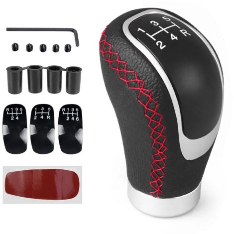 Perillas de cambio de marchas, perilla de cambio universal de 5 velocidades y 6 velocidades, palanca de cambios manual de cuero PU con 4 adaptadores de 8 mm, 10 mm, 11 mm y 12 mm para automóviles manu (1/5)