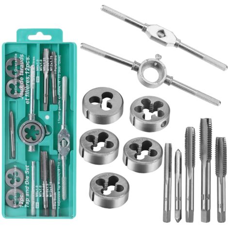 Juego de 12 machos de roscar y terrajas métricos de acero M3-M12, juego de machos de roscar con ranuras, extractores de tornillos para metalurgia, reparación de roscas (1/5)