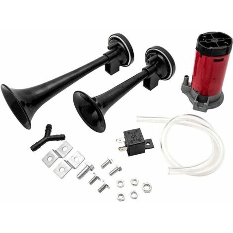 Bocina de aire de doble trompeta de 12 V y 178 dB, kit de bocina de coche de doble tono, bomba eléctrica universal, sonido de tren súper fuerte (1/5)