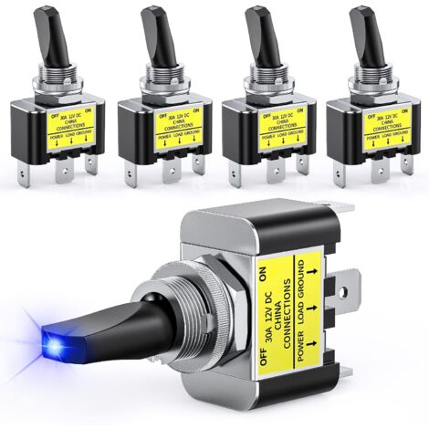 Interruptor de palanca LED de encendido y apagado, 12 V, 30 A, LED azul, interruptor de metal iluminado, resistente, SPST, interruptor basculante de 3 pines, orificio de montaje de 12 mm para automóvi (1/5)