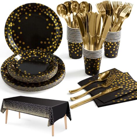 Vajilla para fiestas en negro y dorado, juego de vajilla para cumpleaños, platos de papel, vasos, servilletas y vajilla reutilizable, para fiestas infantiles, bodas, baby showers y Navidad, 20 invitad