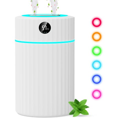 Humidificador de aire de doble pulverización con pantalla LED, humidificador de aire ultrasónico silencioso para bebés de 2 l con luz de 7 colores, humidificador de aire para dormitorio con 10 filtros (1/5)