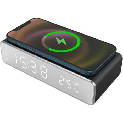 Despertador digital con carga inalámbrica Alarma ajustable Pantalla LED ajustable Luz nocturna integrada Compatible con iPhone, Samsung, Huawei, color negro (1/5)