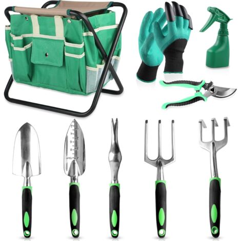 Juego de herramientas de jardinería todo en uno de 9 piezas, kit de herramientas de jardinería de aleación de aluminio fundido resistente con asiento de taburete plegable y bolsa de herramientas de lo
