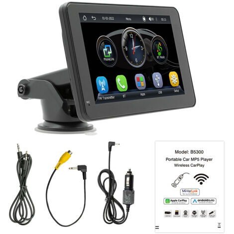 Radio para coche con pantalla táctil de 7" con CarPlay, Android Auto, MirrorLink y Bluetooth integrado. Soporte de pie/ventosa, compatible con CC 7-32 V, para camión, caravana y autocaravana.