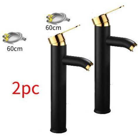 Grifo para lavabo de baño de 2 piezas, color negro mate, mezclador de un solo orificio con caño alto, grifo mezclador para lavabo, color negro y dorado (1/5)