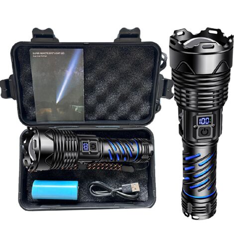 Linterna LED ultra potente, linterna recargable de 500000 lúmenes, potentes linternas de 5000 mAh, IP65, resistente al agua, con zoom para acampar, emergencias y senderismo