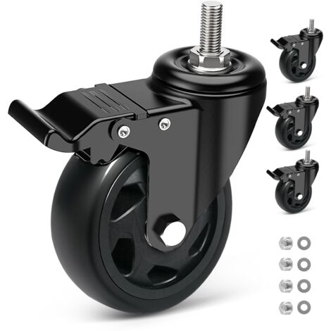 Ruedas giratorias resistentes de 125 mm con freno, ruedas para muebles con vástago roscado M10 x 25 mm, ruedas giratorias de 360 grados, para todos los pisos, 4 ruedas de PU de hasta 650 kg