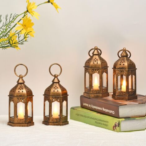 Faroles decorativos, 4 faroles de jardín con velas LED, de plástico, color cobre, para interior y exterior, para jardín, patio, decoración de bodas. (1/5)