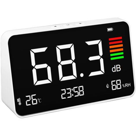 Sonómetro digital 3 en 1 con pantalla de temperatura y humedad, pantalla LED para el hogar, la habitación del bebé, la biblioteca y la oficina.