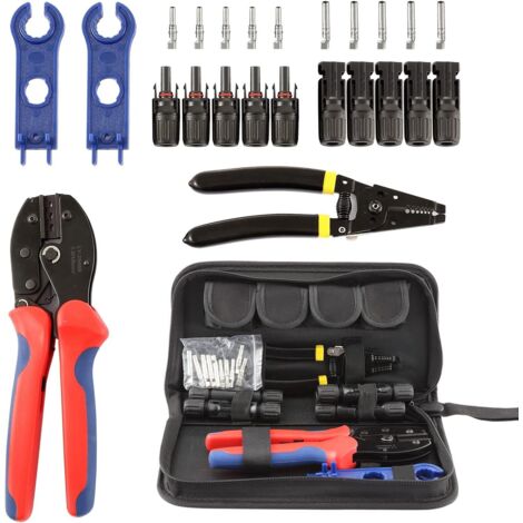 Kit de herramientas para crimpar conectores de cables solares: 1 crimpadora, 1 pelacables, 2 llaves rectas y 5 pares de conectores macho/hembra.