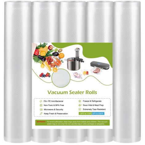 Bolsas de vacío para alimentos en rollo - 5 rollos de 28 cm x 300 cm Película de vacío para alimentos para bolsas de congelador Bolsa de sellado al vacío Bolsa de cocción Máquina de sellado al vacío d