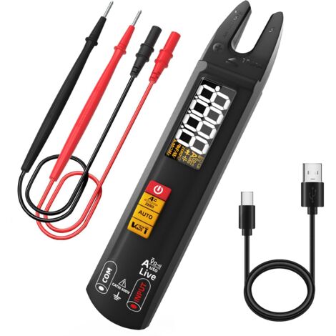 Multímetro digital inteligente U0 con pinza amperimétrica de corriente abierta y detector de voltaje sin contacto. Mini comprobador automático recargable para corriente CA/CC, resistencia, continuidad (1/5)
