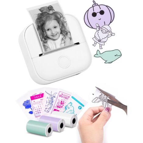 Mini impresora de etiquetas Memoking T02, portátil y pequeña, ideal para aprender pegatinas, notas, fotos, diarios, manualidades, compatible con teléfonos y tabletas, color blanco. (1/5)