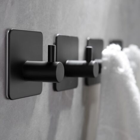 Ganchos para toallas/toallero sin taladrar - Ganchos de acero inoxidable, ganchos adhesivos, ganchos de pared, ganchos adhesivos autoadhesivos para cocina y baño, negro mate, 4 piezas