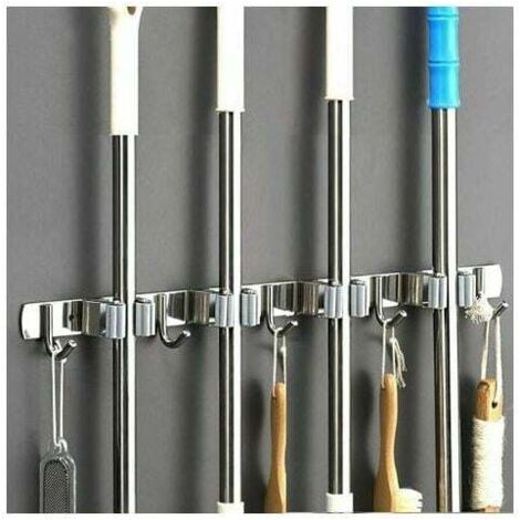 Soporte de acero inoxidable para escobas, estante de pared para fregona, colgador de almacenamiento para cocina, lavadero (4 ranuras y 5 ganchos) (1/5)