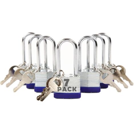 Candado con llave igual, paquete de 7 piezas con llave igual, 14 piezas, grillete extra largo, cuerpo de acero laminado resistente de 1-9/16" 40 mm, libre de óxido, para casillero exterior e interior,