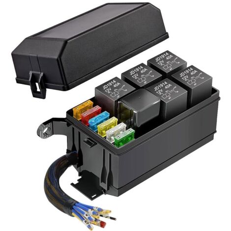 Caja de fusibles y relés de 12 V precableada, 6 ranuras para relés y 6 portafusibles ATC/ATO, con 6 fusibles y 5 relés JD1914 de 5 pines y 1 relé RTT7121 de 4 pines (1/5)