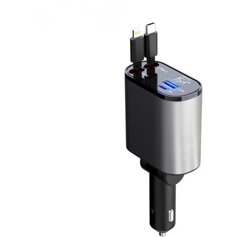 Cargador de coche retráctil de 60 W, cargador de teléfono 4 en 1, cables de carga rápida y adaptador de cargador de coche de 2 puertos USB, para iPhone 15/iPad, Galaxy/Google/Huawei (1/4)