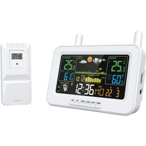 Reloj electrónico inteligente con pantalla a color multifuncional, inalámbrico, para interiores y exteriores, con pronóstico de temperatura, humedad y clima, recargable, con fase lunar, color blanco (1/3)