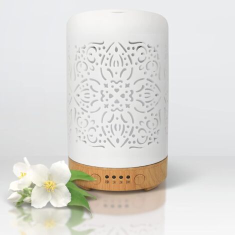 Difusor de aceites esenciales de 100 ml, difusor de aromaterapia de cerámica blanca, humidificador de vapor frío, luz LED de 7 colores, apagado automático sin agua para oficina en casa