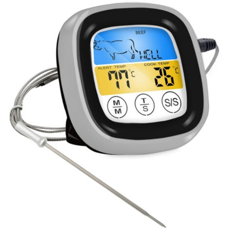 Termómetro digital para alimentos con pantalla táctil, lectura instantánea, termómetro para carne y aceite para barbacoa (negro y plateado), sin pilas (1/5)